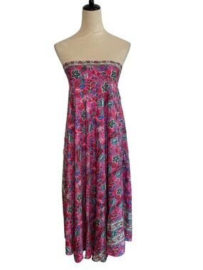 Rhea Strapless Smocked Silk Blend Dress /Skirt in Fuchsia Pink